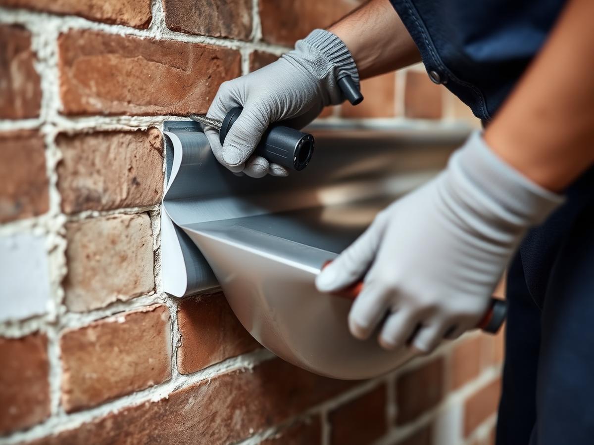 Tradesman installing damp proof membrane on a brick wall